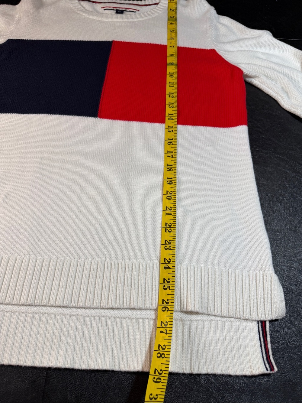 Tommy Hilfiger White Crewneck Sweater with Red & Navy Block - Picture 8 of 13